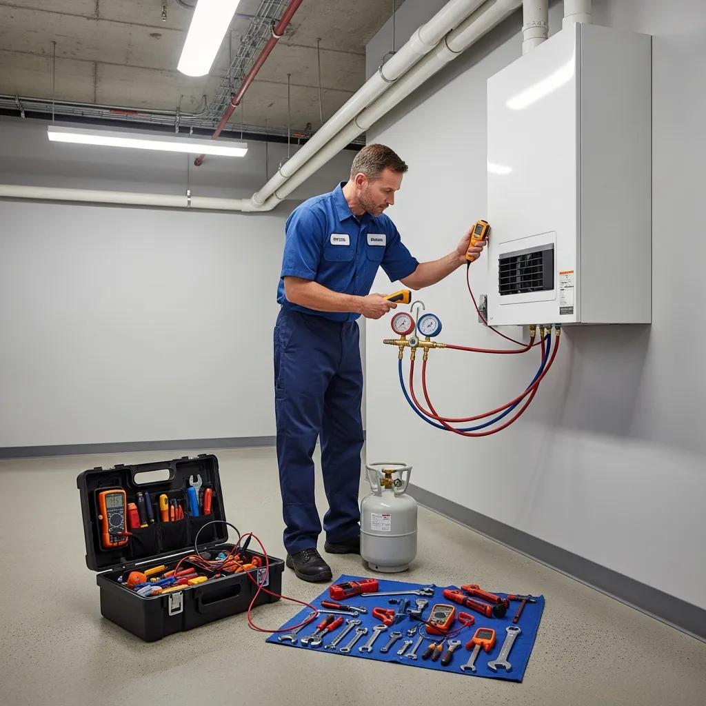 Certified technician inspecting an indoor heat pump unit &mdash; professional tune-ups restore performance