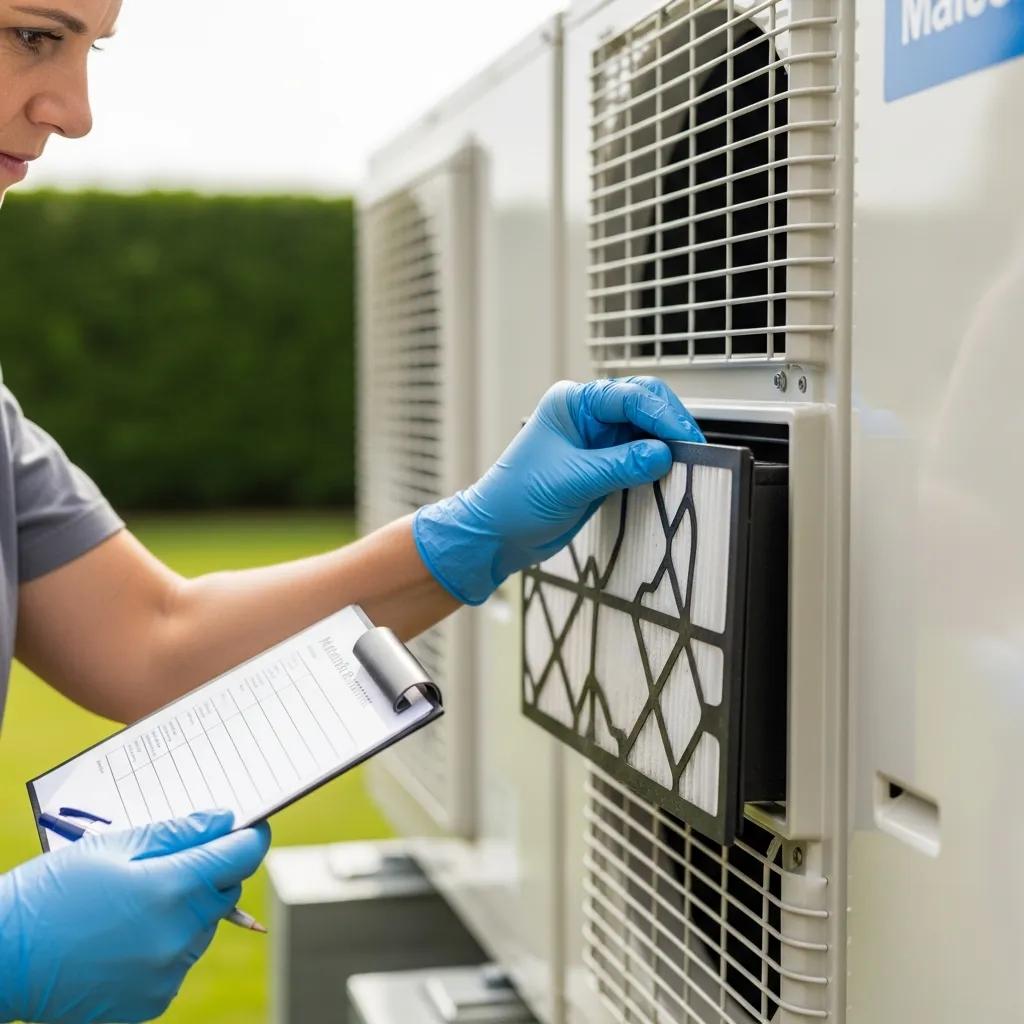 Homeowner checking a heat pump air filter &mdash; simple DIY maintenance steps