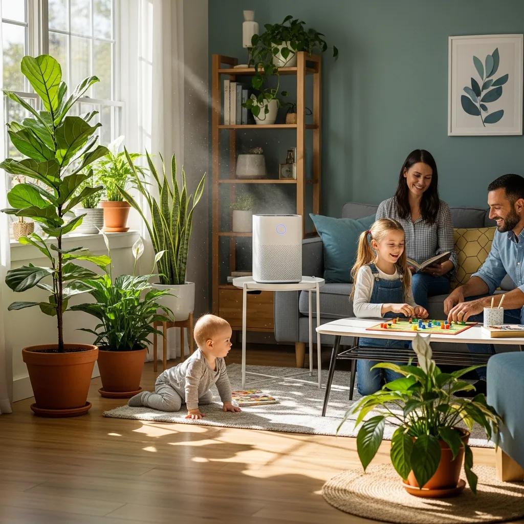 Family enjoying clean indoor air in a bright living room with plants and an air purifier