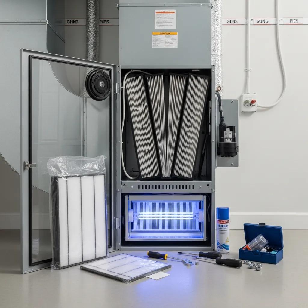 Modern HVAC filtration and purification components in a tidy utility space