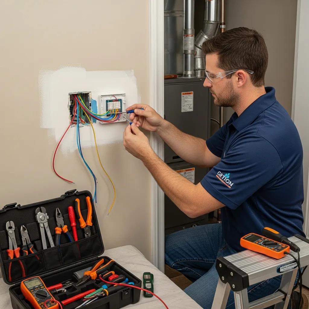 Technician installing a smart thermostat, showcasing professional installation services for home heating systems