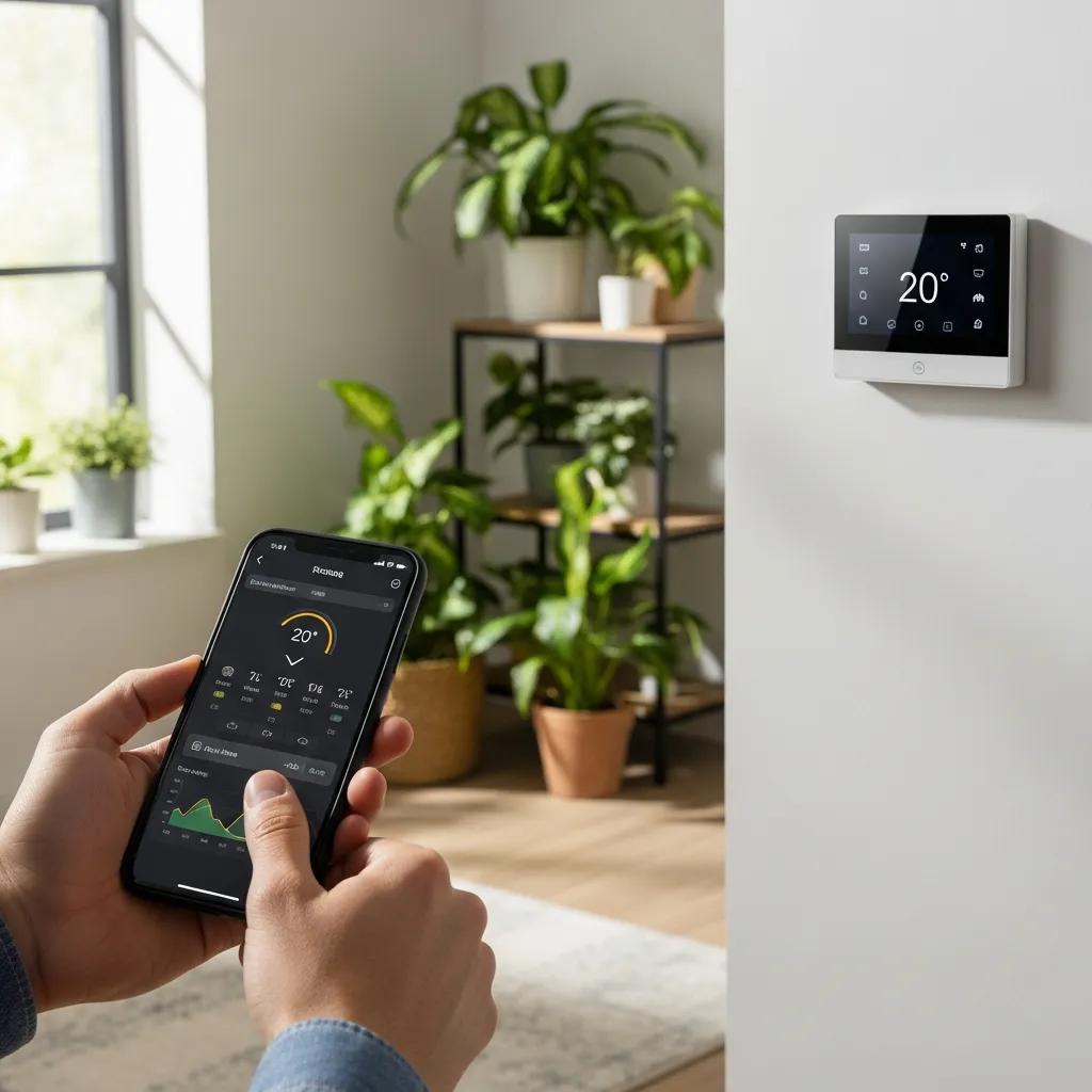 User adjusting a smart thermostat via smartphone in an energy-efficient home setting