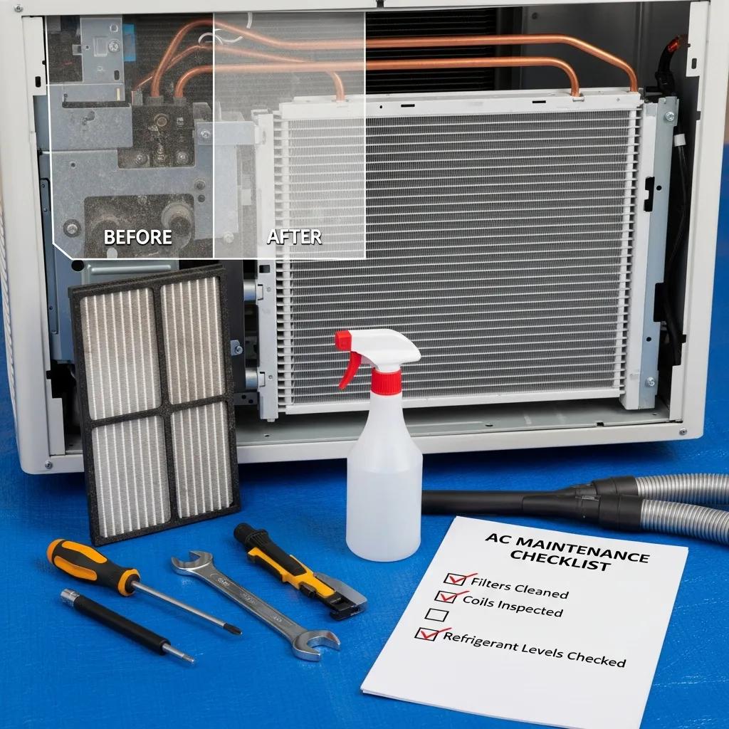 Close-up of air conditioning unit components during preventive maintenance