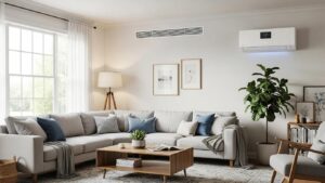 Contrast between central air conditioning vents and a ductless mini-split system in a cozy living room setting