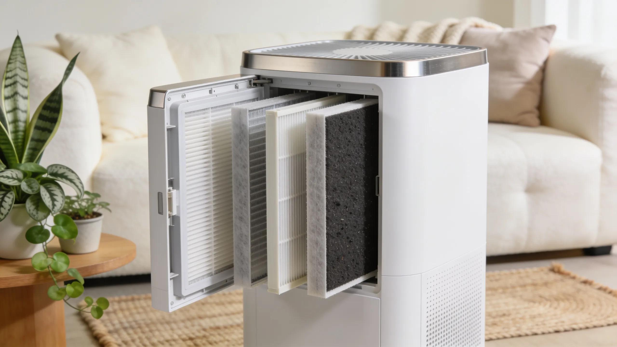 Discover the Importance of Air Quality for Healthy Homes 2 Modern air purifier in a stylish home setting promoting clean indoor air