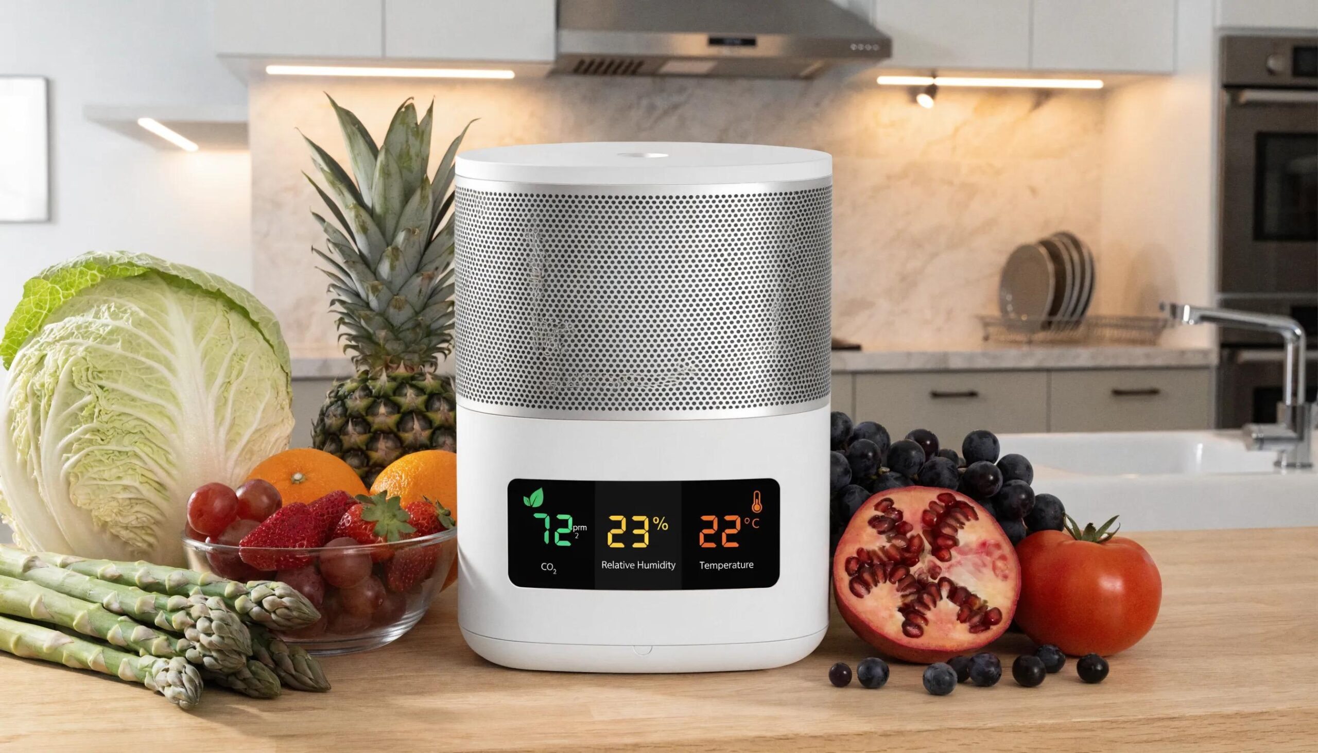 Discover the Importance of Air Quality for Healthy Homes 3 Indoor air quality monitor displaying real-time data in a clean kitchen