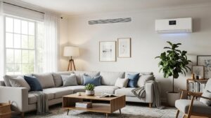 contrast between central air conditioning vents and a ductless mini split system in a cozy living room setting 552fcb2f c60e 421c 9fe4 db11ce0cbd57 1