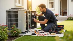 hvac technician performing seasonal maintenance on a home heating and cooling system 9a8ef469 8009 4e5c b2d7 83c0f566d6c2 1