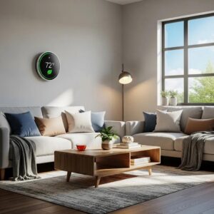 smart thermostat in a modern living room highlighting energy efficiency and home automation c17f5535 3415 4322 bb82 ba414b55eeea